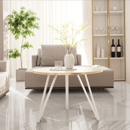 Moderner runder Couchtisch aus Metall – Schwarz oder Weiß – Loft-Stil mit goldener Kante