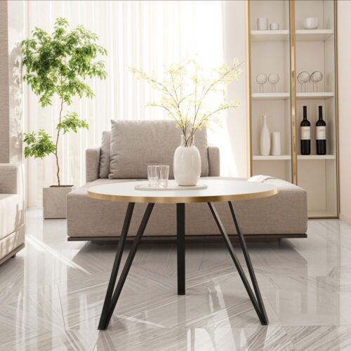 Moderner runder Couchtisch aus Metall – Schwarz oder Weiß – Loft-Stil mit goldener Kante