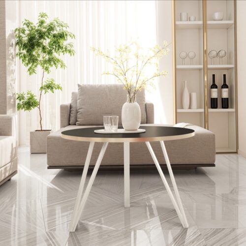 Moderner runder Couchtisch aus Metall – Schwarz oder Weiß – Loft-Stil mit goldener Kante