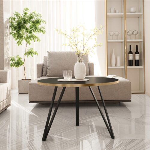 Moderner runder Couchtisch aus Metall – Schwarz oder Weiß – Loft-Stil mit goldener Kante