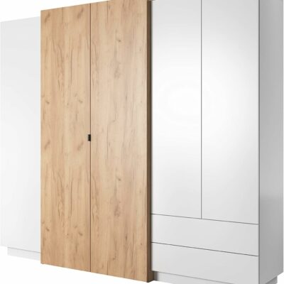 3D Schlafzimmer-Set 3-teilig: Bett Mit Zwei Nachttischen, Großer Kleiderschrank Mit Spiegel, Kommode - Kinderzimmer Weiß Eiche