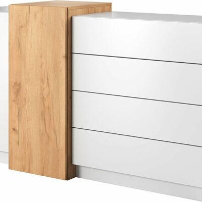 3D Schlafzimmer-Set 3-teilig: Bett Mit Zwei Nachttischen, Großer Kleiderschrank Mit Spiegel, Kommode - Kinderzimmer Weiß Eiche