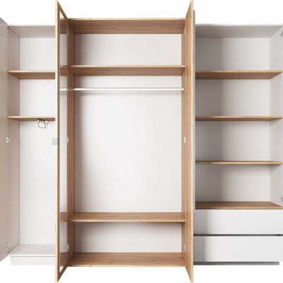 3D Schlafzimmer-Set 3-teilig: Bett Mit Zwei Nachttischen, Großer Kleiderschrank Mit Spiegel, Kommode - Kinderzimmer Weiß Eiche