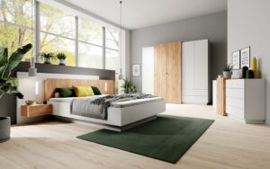 3D Schlafzimmer-Set 3-teilig: Bett Mit Zwei Nachttischen, Großer Kleiderschrank Mit Spiegel, Kommode - Kinderzimmer Weiß Eiche