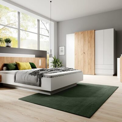 3D Schlafzimmer-Set 3-teilig: Bett Mit Zwei Nachttischen, Großer Kleiderschrank Mit Spiegel, Kommode - Kinderzimmer Weiß Eiche