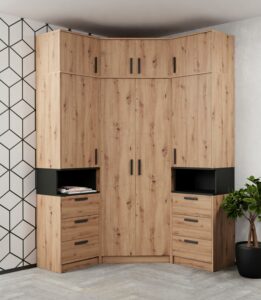 3D Schlafzimmer-Set 3-teilig: Bett Mit Zwei Nachttischen, Großer Kleiderschrank Mit Spiegel, Kommode - Kinderzimmer Weiß Eiche