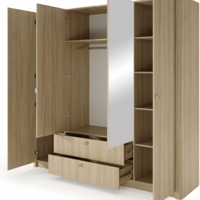 Viki Schlafzimmer-Set Eiche Barista – Bett mit Polsterkopfteil, Kleiderschrank mit Spiegel, Kommoden & Nachttische – modernes Komplettset