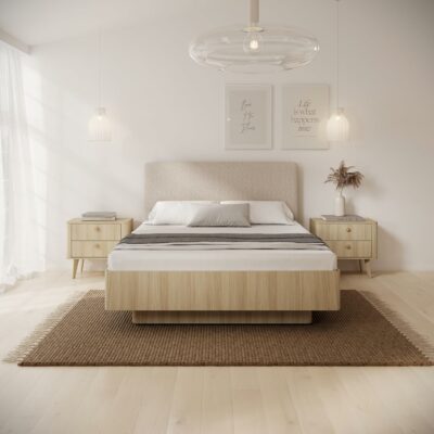 Viki Schlafzimmer-Set Eiche Barista – Bett mit Polsterkopfteil, Kleiderschrank mit Spiegel, Kommoden & Nachttische – modernes Komplettset