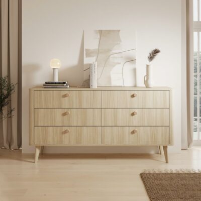 Viki Schlafzimmer-Set Eiche Barista – Bett mit Polsterkopfteil, Kleiderschrank mit Spiegel, Kommoden & Nachttische – modernes Komplettset