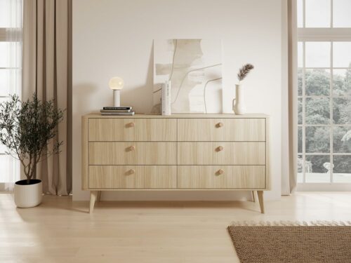 Viki Schlafzimmer-Set Eiche Barista – Bett mit Polsterkopfteil, Kleiderschrank mit Spiegel, Kommoden & Nachttische – modernes Komplettset