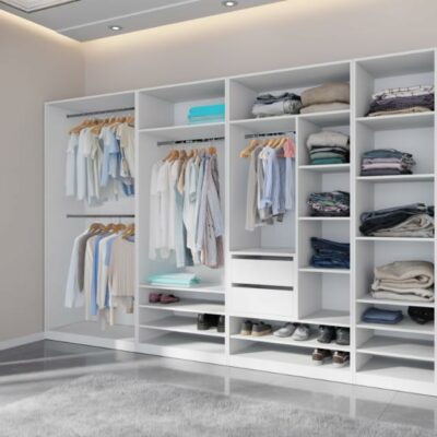 Kleiderschrank 320 cm TRES B - großes offenes Schranksystem ohne Türen mit Schubladen & Kleiderstangen WEIß